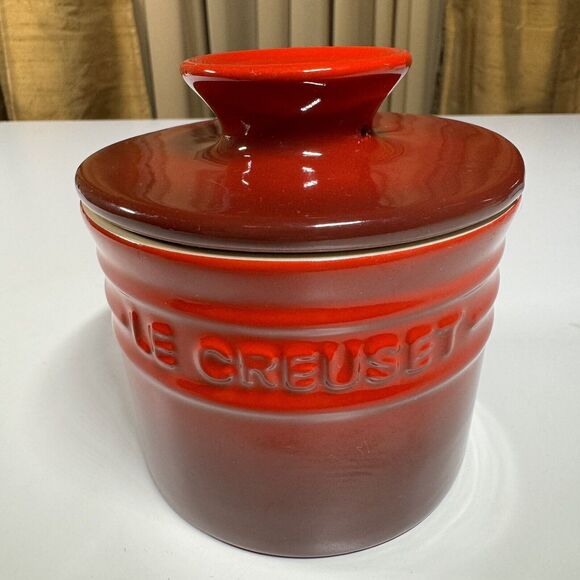 Le Creuset Kitchen Le Creuset Butter Bell Keeper Crock Cerise Red 6 Oz Glazed Stoneware 4